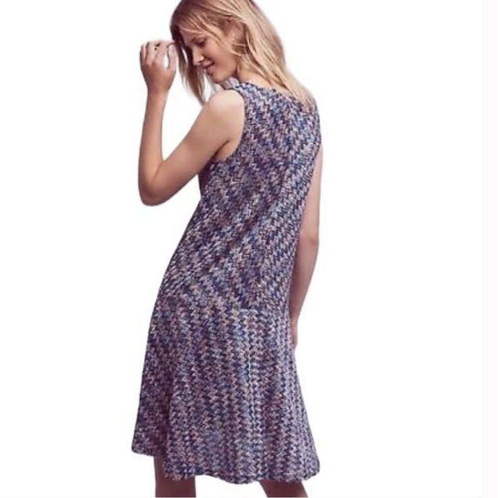 Anthropologie Maeve Drop Waist Zig Zag Swing Dress Blue Multi Mod Retro Size S